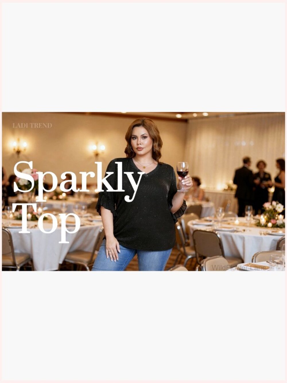 Plus Size Sequin Mesh V Neck Top Ruffled 3/4 Sleeve Blouse Party - Picture 7 of 7